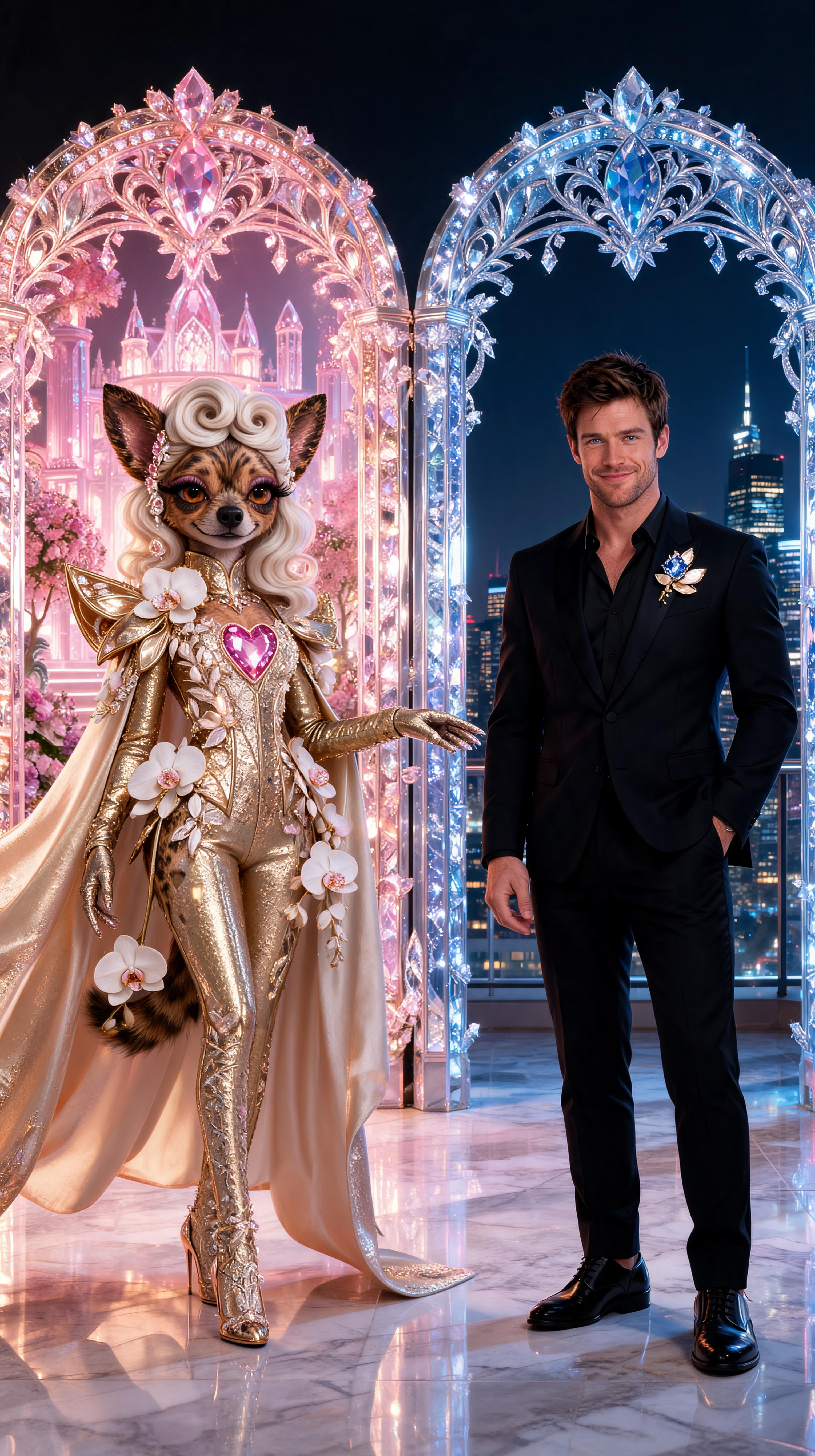 Lady Chica in a pink crystal doorway beside Jax Mercer in a sapphire doorway