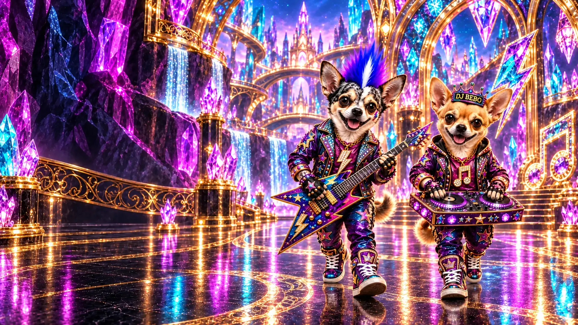 Max Voltage and DJ Bebo Beats entering the diamond-encrusted Adventure Wing