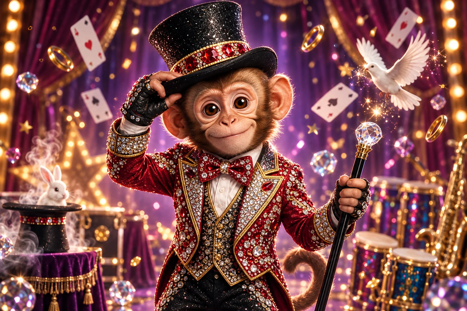 Tricky Tazz tipping his black ruby-banded top hat on a purple stage