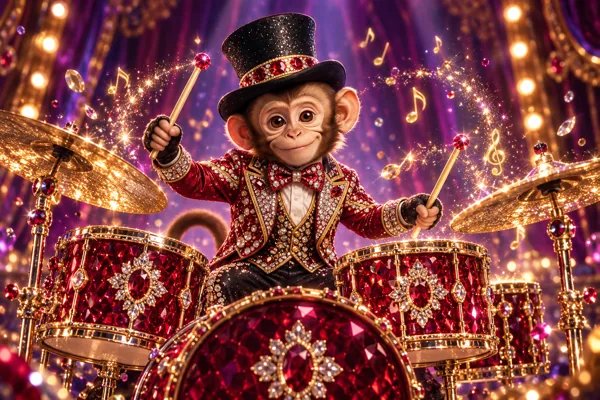 Tricky Tazz playing jeweled drums in his ruby-red tailcoat